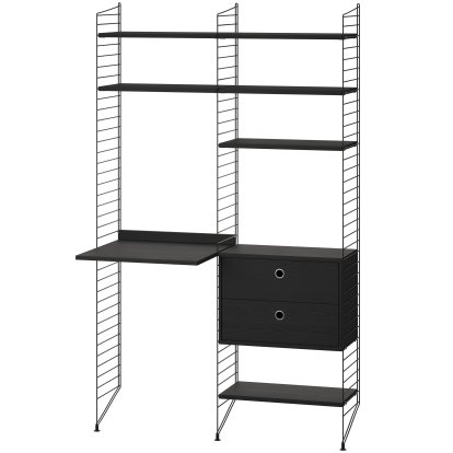 Bodenregal mit Schreibtisch und Aufbewahrung, Fachböden Esche schwarz, Seitenwände schwarz