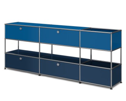 USM Haller Kinder Sideboard L mit Aufbewahrungsboxen, Zweifarbig, Enzianblau RAL 5010 - Stahlblau RAL 5011, Mit Klappe