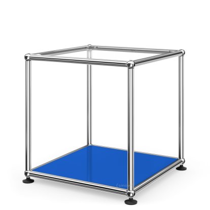 USM Haller Beistelltisch 35, Oben Glas, unten Metall, Enzianblau RAL 5010