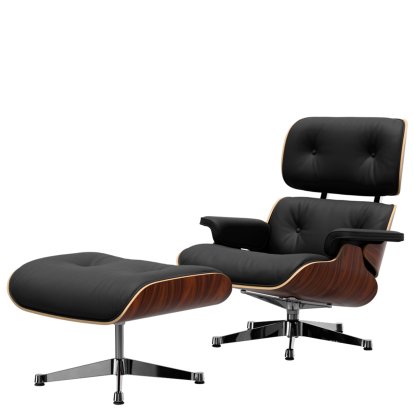 Eames Lounge Chair & Ottoman, Santos Palisander, Leder Premium F nero, 89 cm, Aluminium poliert