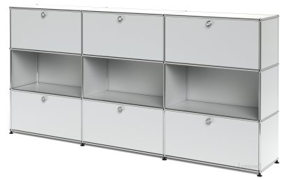 USM Haller Highboard XL, individualisierbar, USM mattsilber, Mit 3 Klappen, Offen, Mit 3 Klappen