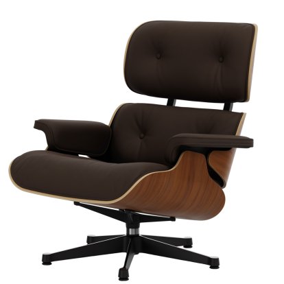 Eames Lounge Chair, Nussbaum natur, Leder Premium F kastanie, 84 cm - Originalhöhe 1956, Aluminium poliert, Seiten schwarz